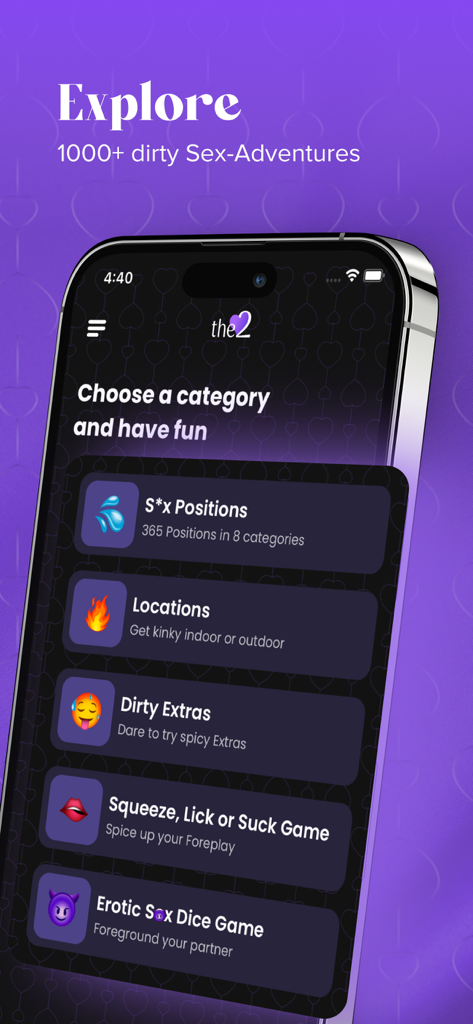 the2: Couple Games for Adults - Interfaz de la aplicación the2 mostrando varias categorías de juegos para adultos para parejas, incluyendo posiciones sexuales y juegos de dados.
