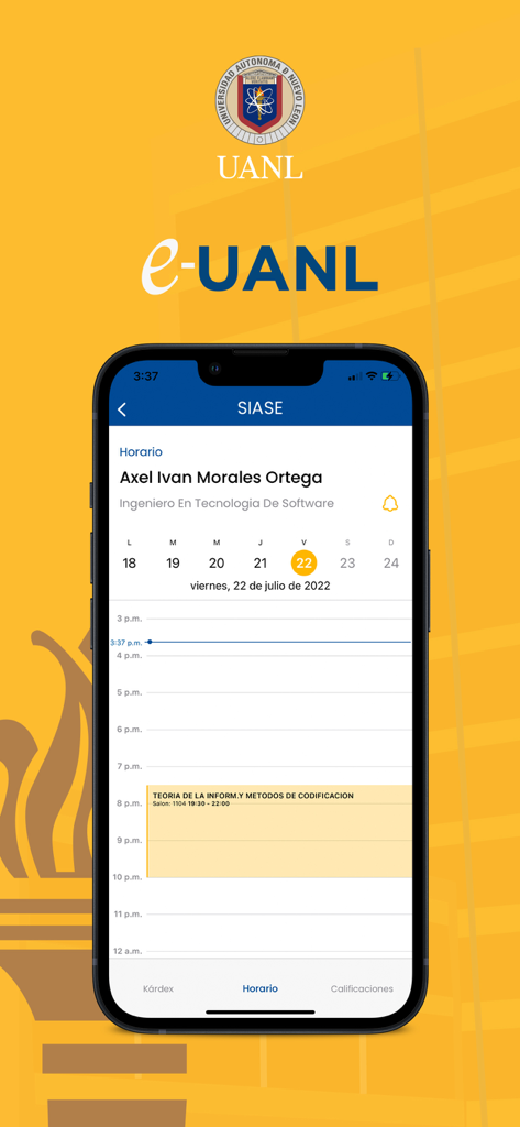 Una interfaz móvil de la app e-UANL que muestra el horario semanal de clases de un estudiante con un curso de noche resaltado