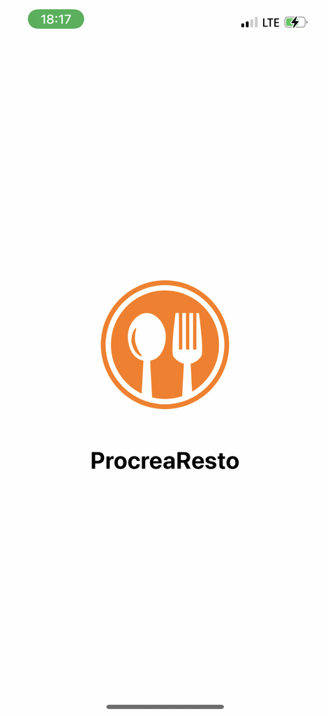 ProcreaResto - ProcreaResto App Splash Screen mit einem orangefarbenen kreisförmigen Logo mit weißen Löffel und Gabel und dem App-Namen darunter.