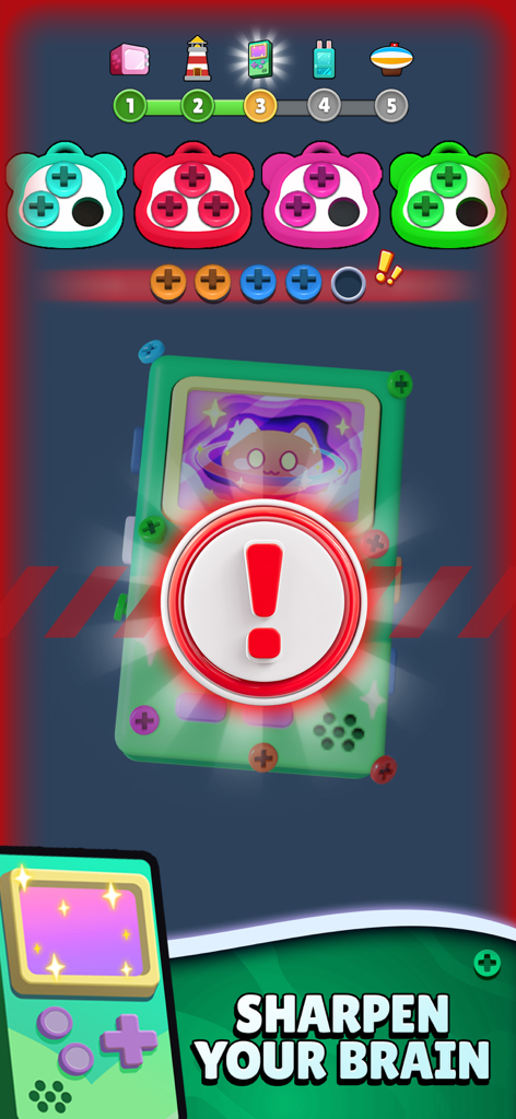 Gameplay of Color Bolts Sort puzzle featuring a mechanical console model with colorful screws and a sharpen your brain message.