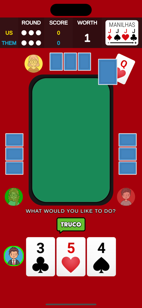 Truco Classic - Una captura de pantalla móvil de Truco Classic que muestra una partida de cartas en progreso con una mesa verde y el botón Truco
