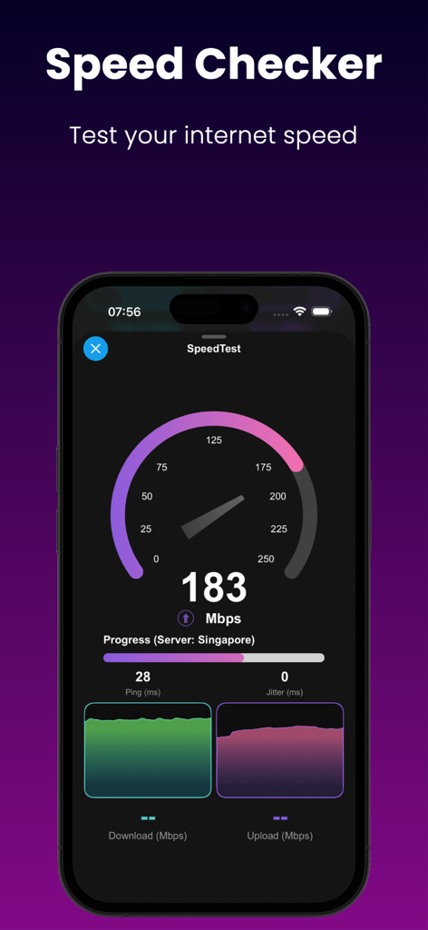 Device Monitor Z: CPU x RAM OS - 다운로드 및 업로드 메트릭이 있는 인터넷 속도 테스트를 보여주는 스마트폰 화면