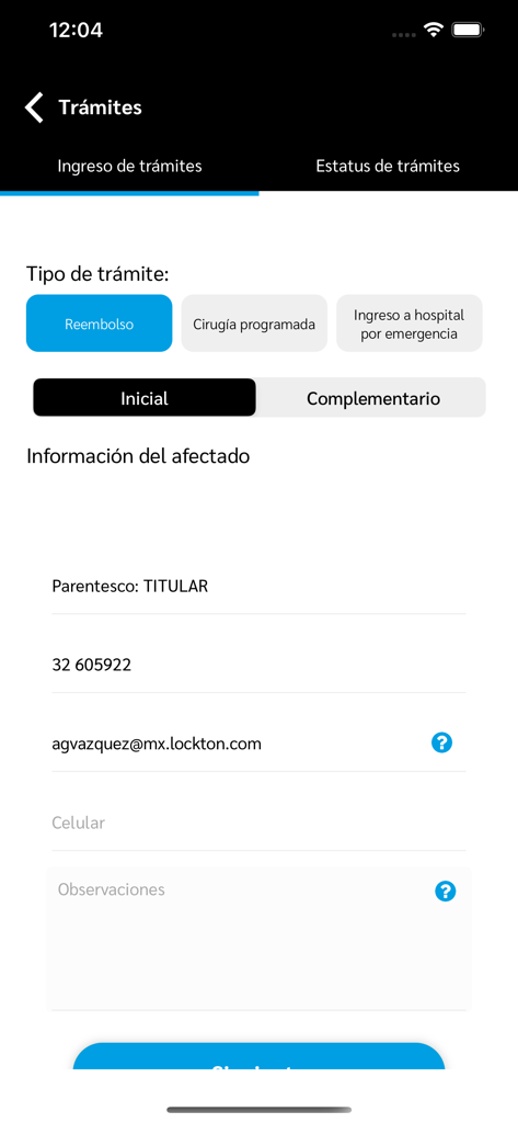 Insurance claim entry screen in the beMobile Lockton Mexico mobile app