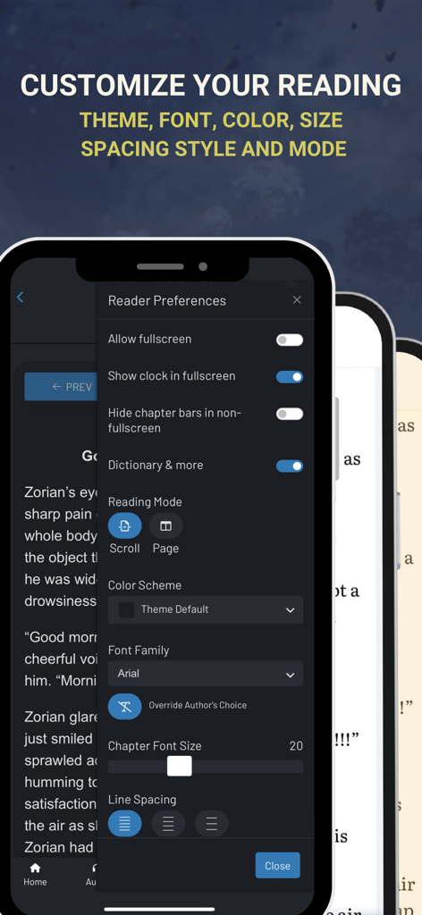 Royal Road - Read Stories - Royal Roadアプリのインターフェース。フォントサイズとテーマカスタマイズのためのリーダー設定が表示されています。