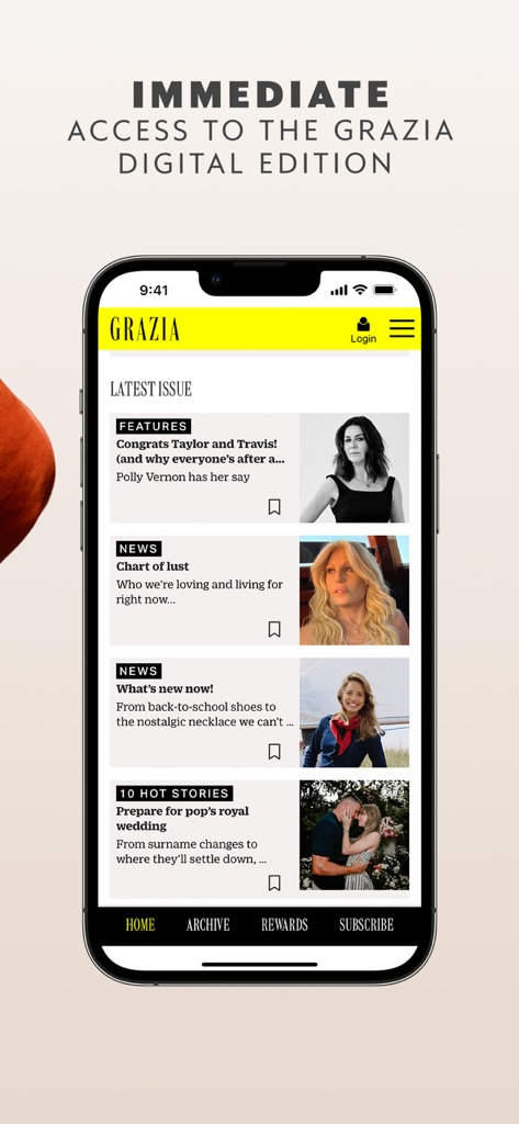 Grazia: Fashion, Beauty & News - Smartphone display of the Grazia app home screen featuring the latest fashion beauty and celebrity news articles