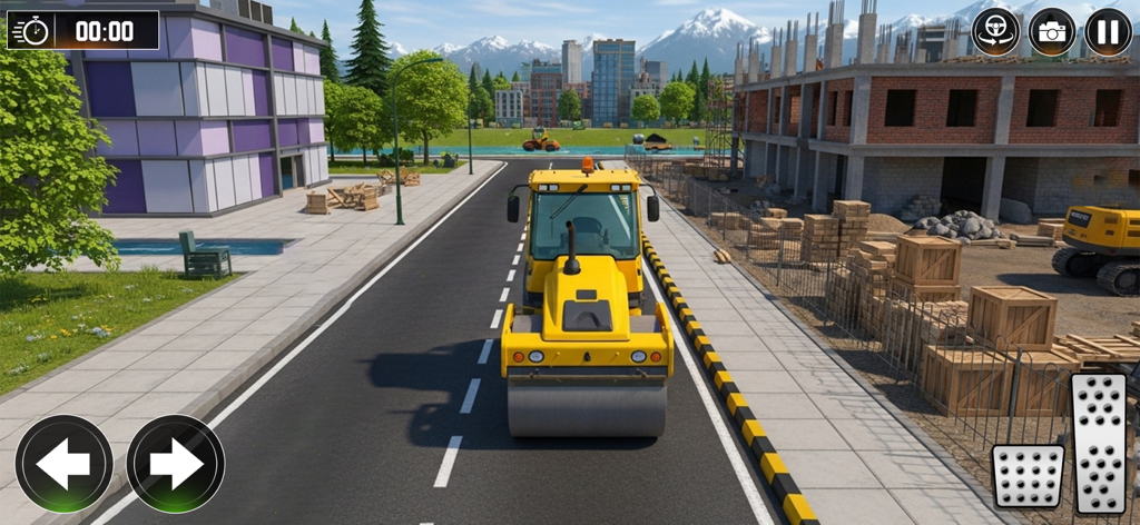 Heavy Excavator Machine Game - Um rolo compactador amarelo dirigindo em uma rua da cidade ao lado de um canteiro de obras em um jogo de simulação.