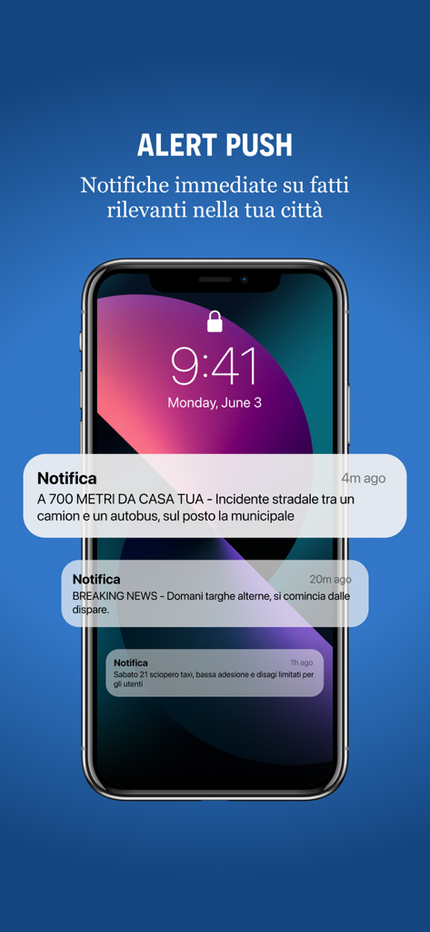 Una pantalla de bloqueo de smartphone mostrando múltiples notificaciones push de la aplicación de noticias locales UdineToday sobre accidentes y alertas comunitarias.
