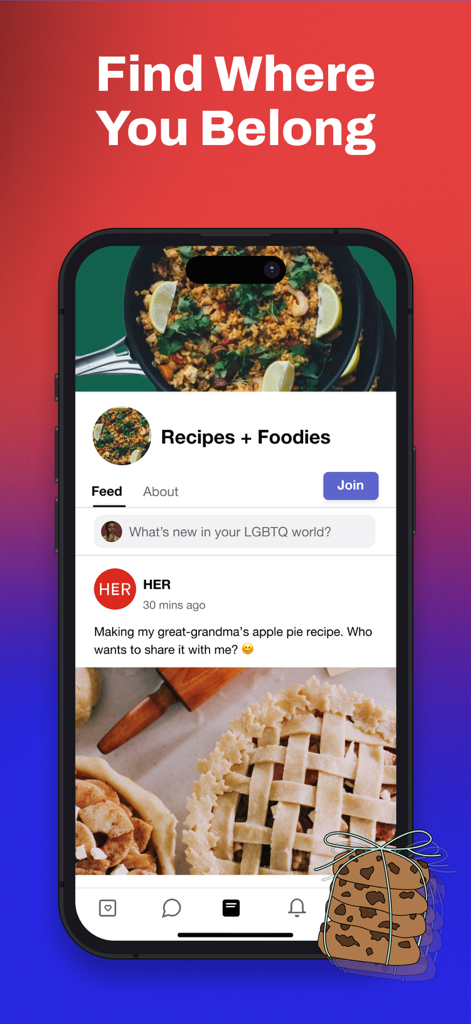 Smartphone displaying HER app community group for foodies with the text Find Where You Belong