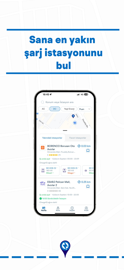 ChargeIQ-Tüm Şarj İstasyonları - Mobile App-Oberfläche, die eine Karte und eine Liste von E-Auto-Ladestationen in der Nähe mit Entfernung und Echtzeitverfügbarkeitsdetails anzeigt.