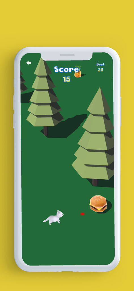 Laser Pointer for Cat - Gameplay screenshot of Laser Pointer for Cat showing a white kitten chasing a red laser dot in a 3D forest environment