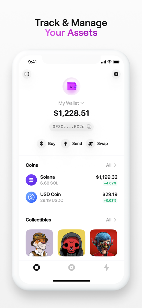 Glow — Solana Wallet - Panel de la aplicación Glow Solana Wallet mostrando el saldo de la cuenta, las tenencias de monedas y los coleccionables NFT.