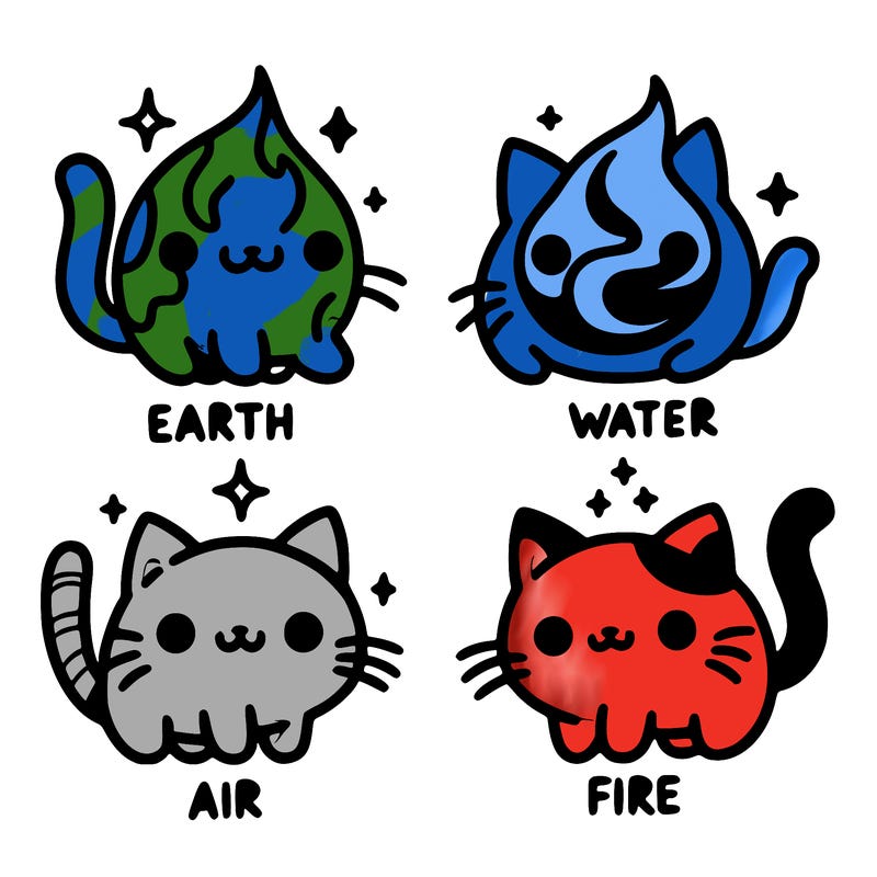 4 cats that represent the different elements, earth, water, air, and fire