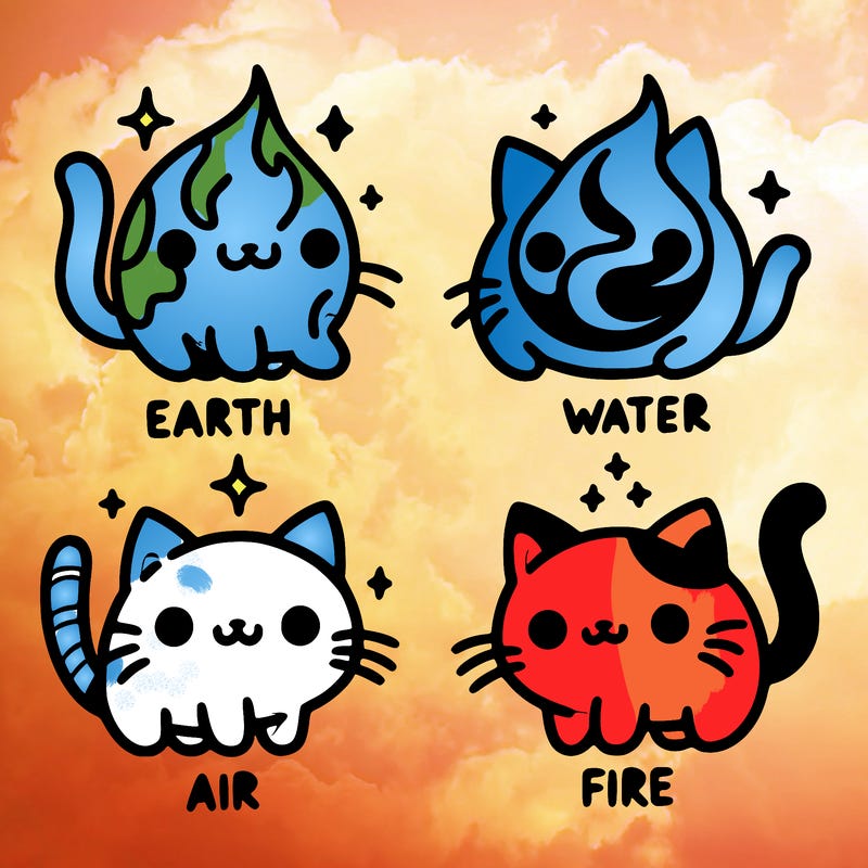 4 cats that represent the different elements, earth, water, air, and fire
