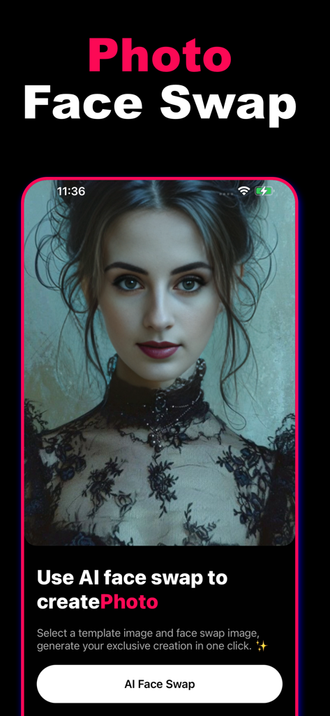 FaceChanger Pro:Face Swap AI - Interface of FaceChanger Pro app showing the AI photo face swap feature with a Victorian style portrait template