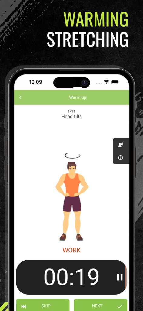 100 Pushups Be Stronger - Warm up and stretching screen showing head tilts exercise with a countdown timer in the 100 Pushups Be Stronger app