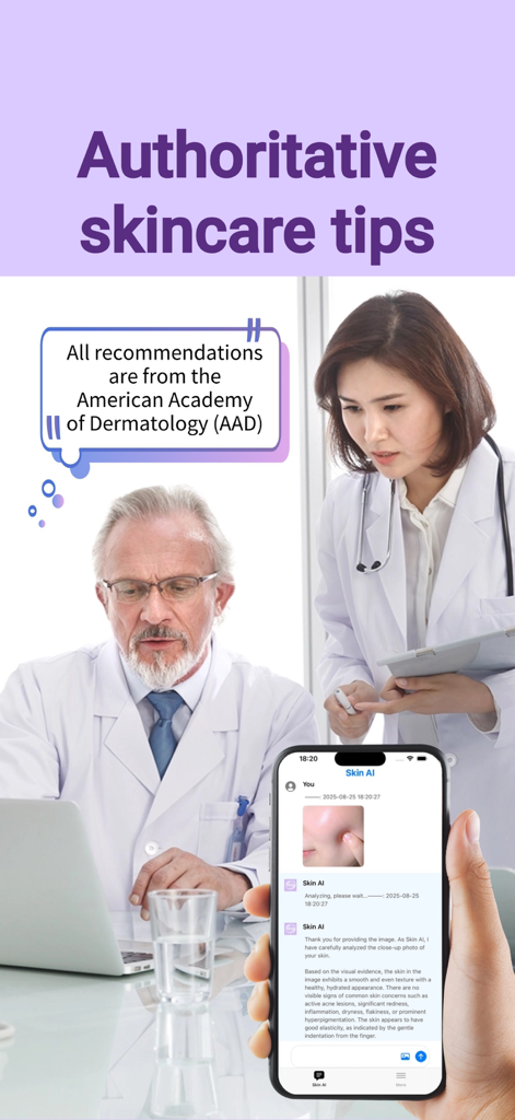 Skin AI - Best AI Skin Expert - Smartphone mostrando resultados de análisis de piel de la aplicación Skin AI con médicos al fondo