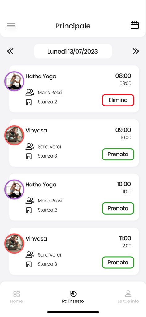 Die Benutzeroberfläche der Sensus Club Pilates App zeigt einen Tagesplan für Hatha Yoga und Vinyasa-Kurse mit Optionen zur Buchung oder Stornierung.