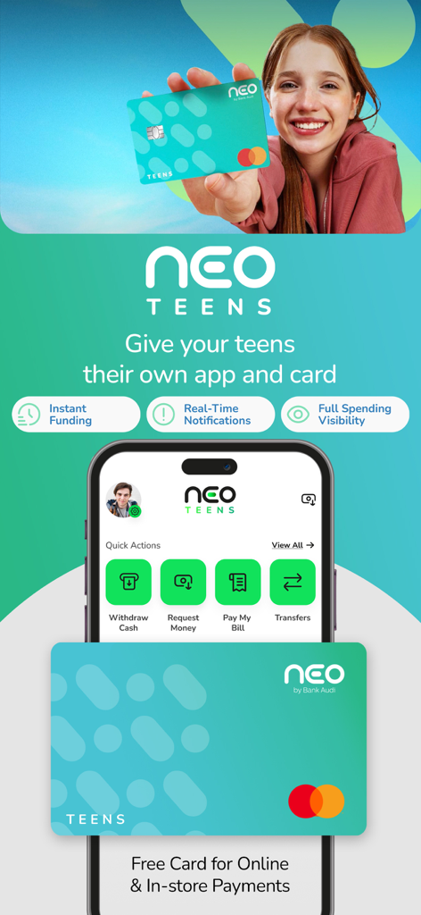 neo by Bank Audi - A smiling teenager holding a neo TEENS debit card next to a smartphone displaying the neo by Bank Audi teen banking app interface.