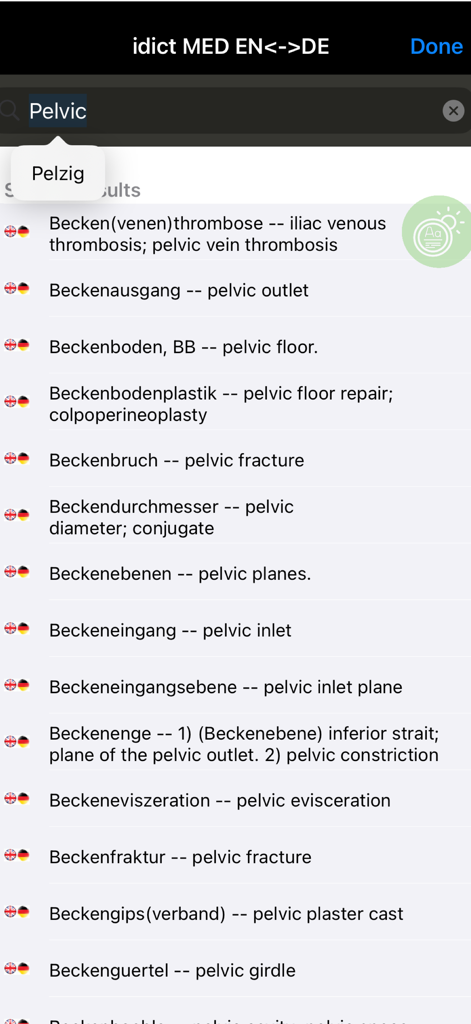 Resultados de búsqueda de términos médicos pélvicos en la aplicación de diccionario de alemán a inglés idict med.