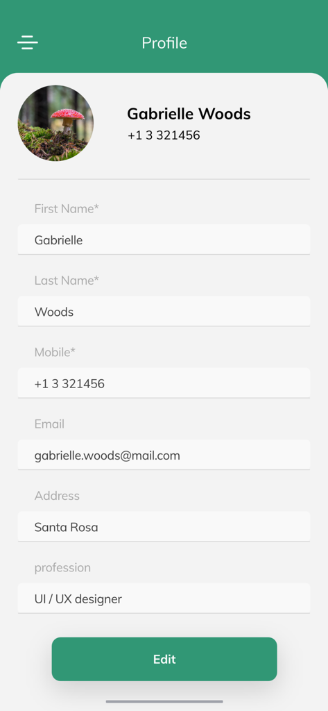Number Book - Spam & Block - Profilbildschirm der Number Book App mit Benutzerdetails, einschließlich Name, Handynummer und E-Mail-Adresse
