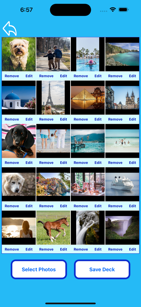 Interfaccia per la gestione di un mazzo di foto personalizzato con opzioni per modificare e rimuovere immagini personali per il gioco