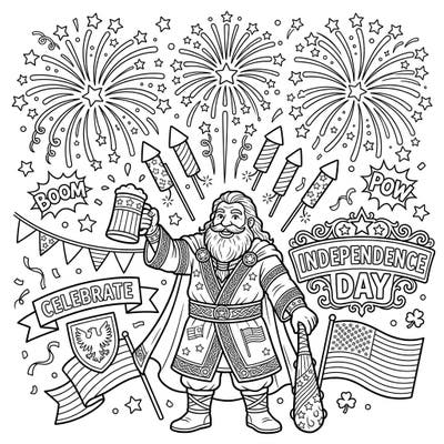 Unleash your creativity with this unique coloring page featuring The Dagda, the revered Irish deity, joining the vibrant Independence Day festivities. Enjoy coloring a dynamic scene filled with patriotic symbols, explosive fireworks, and the legendary all-father himself.
