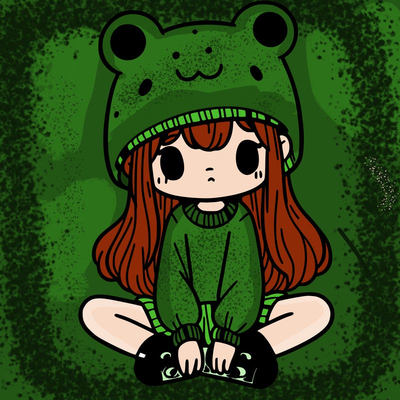 a girl wearing a frog hat and some frog socks