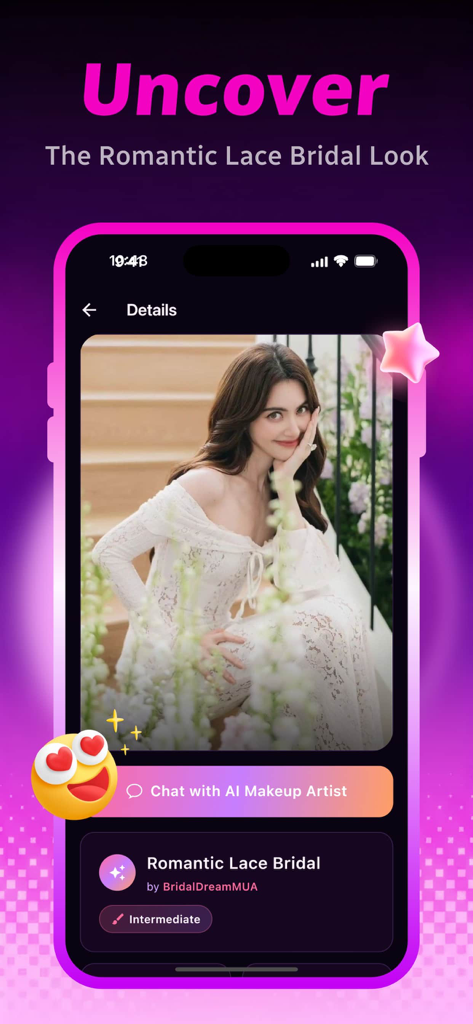 Slink - Chat, Enjoy - A screenshot of the Slink app displaying a Romantic Lace Bridal makeup look with a button to chat with an AI makeup artist.