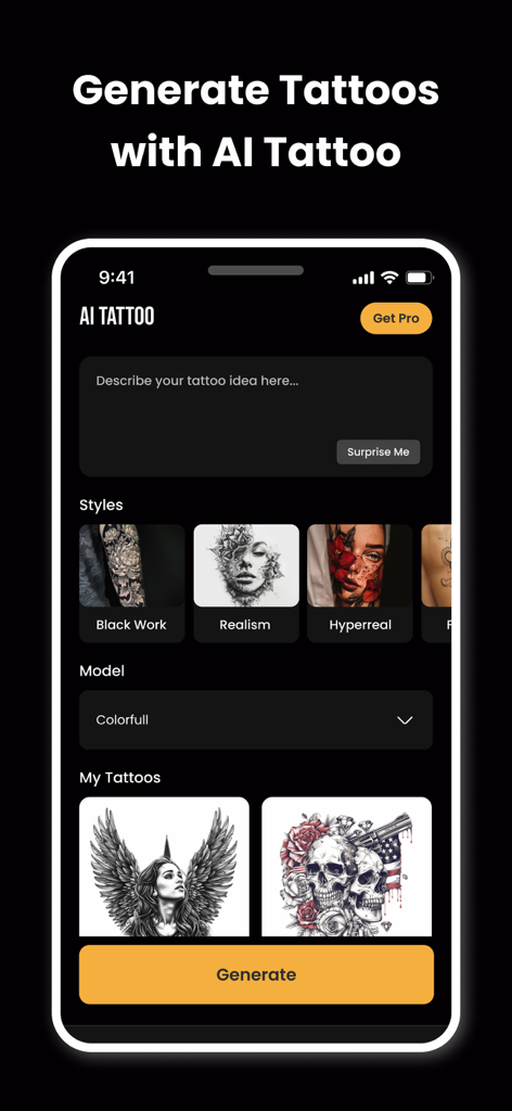 AI Tattoo Generator: Designs - AI Tattoo Generator app interface showing style options like black work and realism with generated tattoo examples