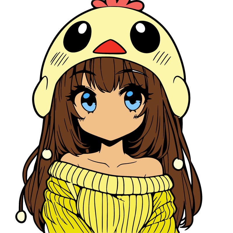 anime girl with chick shaped hat with sweater with bare shoulders with bangs covering them one eye with low tail