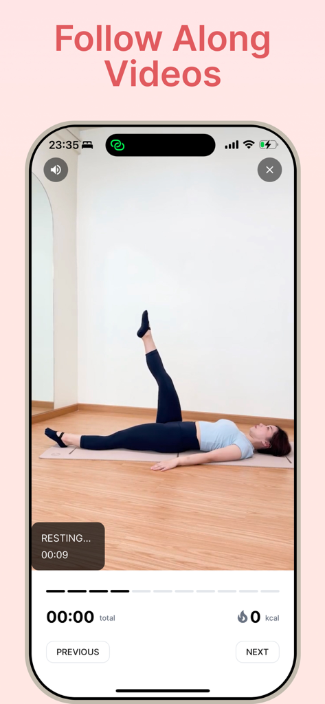 Asian pilates: Pilates at Home - A woman performing a pilates leg lift in a follow-along video within the Asian Pilates app interface
