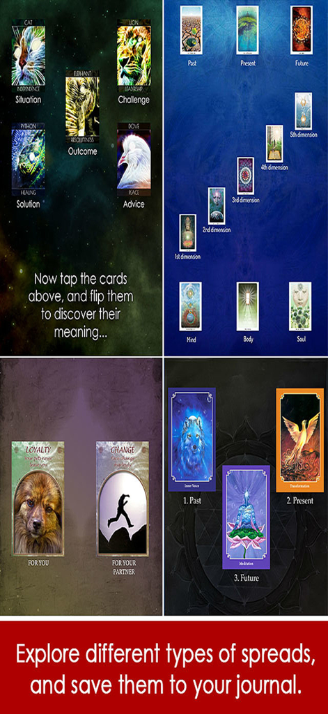 Indie Goes Oracle Cards - Una variedad de tiradas de cartas oráculo digitales que muestran lecturas pasadas, presentes y futuras para guía espiritual