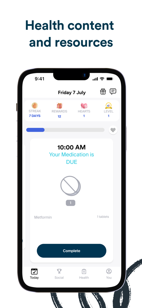 Interface of the Perx Health app showing a medication reminder for Metformin with rewards and streak trackers