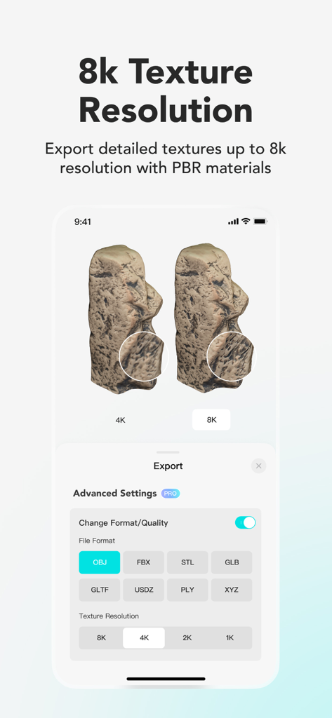 KIRI Engine app screenshot showing a side-by-side 4K vs 8K texture resolution comparison on a 3D model and advanced export settings for various file formats.
