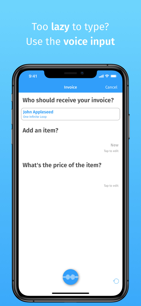 音声コマンドで請求書を作成するためのInvoiceBotの音声入力インターフェースを示すスマートフォンの画面