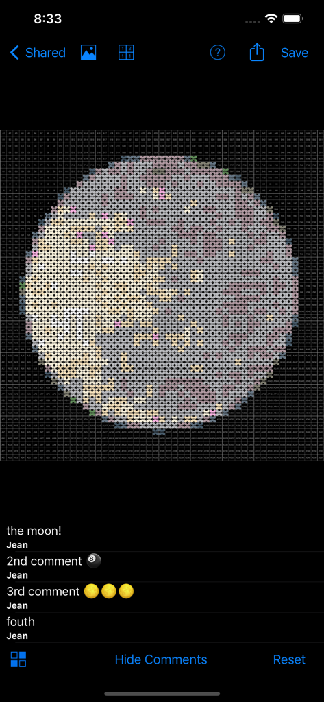 Stitched—Cross-stitch Patterns - A digital cross stitch pattern of the moon on a grid with user comments displayed below.