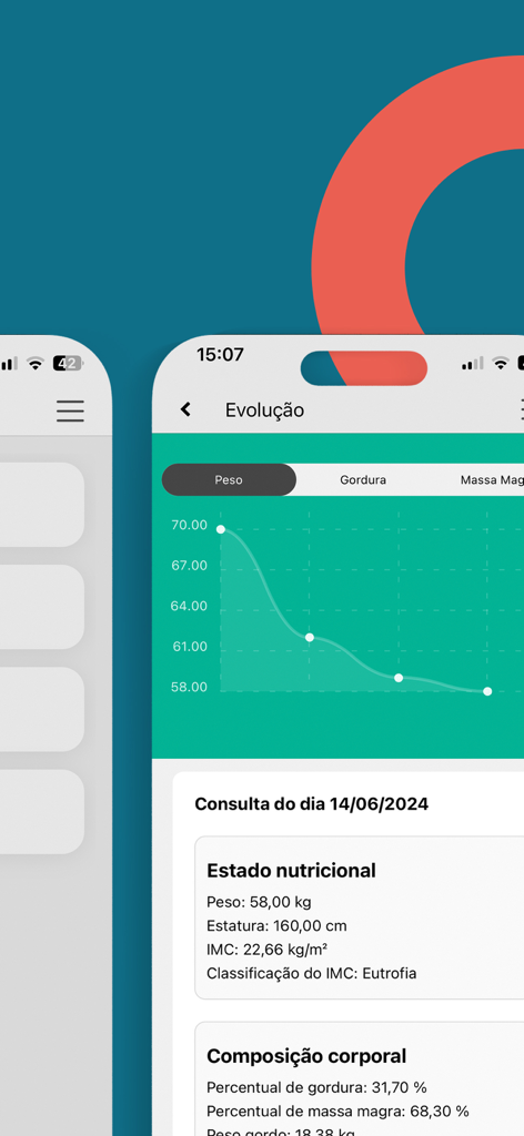 Aplicativo móvel DietSmart mostrando um gráfico de progresso de peso e detalhes do status nutricional