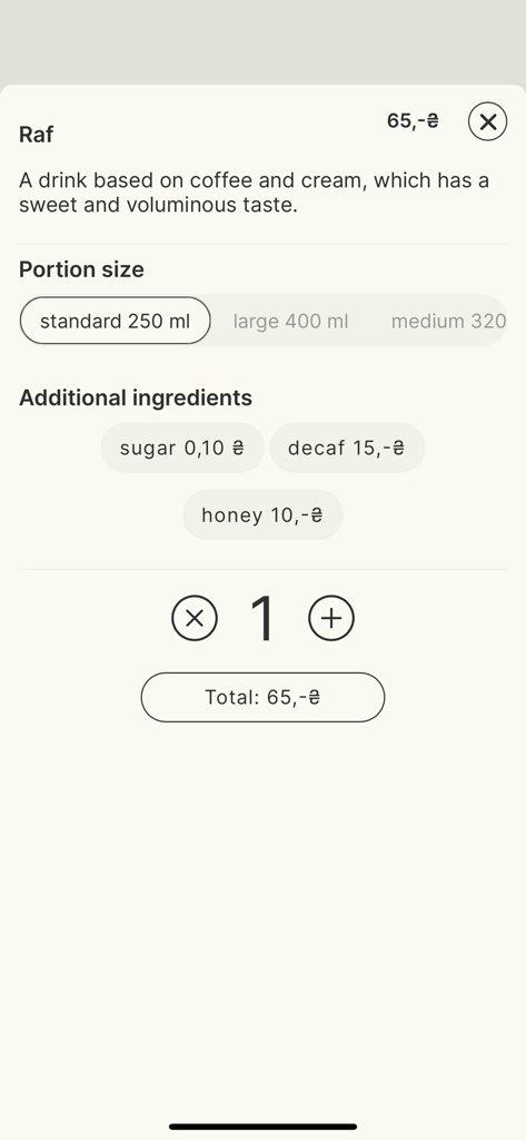 Mobile Cafe - Mobile Cafe app interface showing drink customization options for waitstaff
