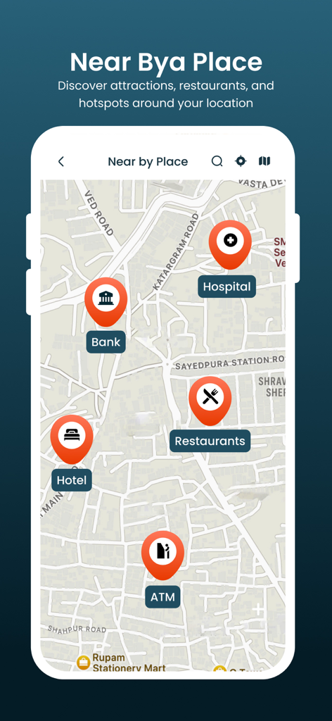 GPS Area Calculator for Land - Mobile app map interface displaying nearby services like banks, hospitals, and restaurants