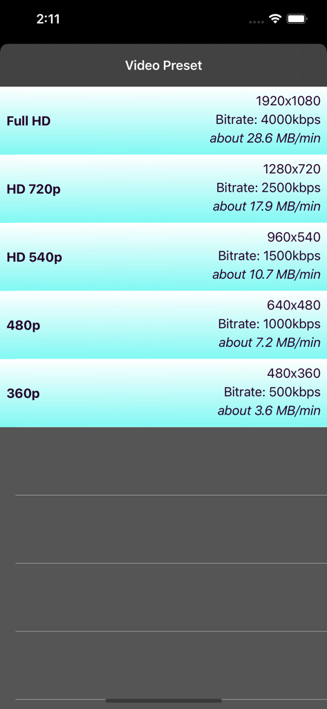 Video Compress - Shrink Vids - Liste des options prédéfinies de compression vidéo indiquant la résolution, le débit binaire et la taille estimée des fichiers par minute.