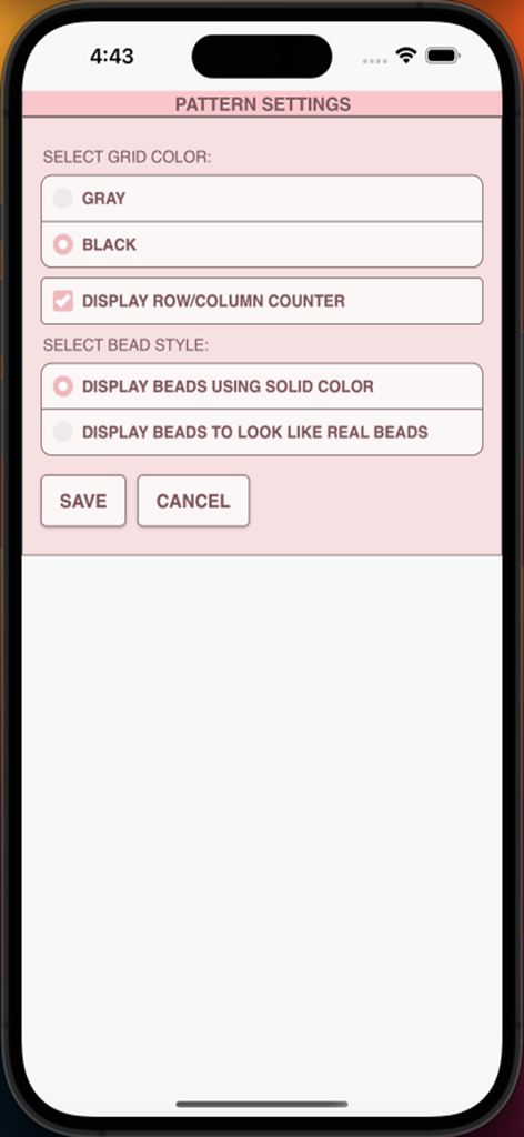 BeadPatternCreator - Pattern settings screen in the BeadPatternCreator app showing options for grid color, row and column counters, and bead display style.