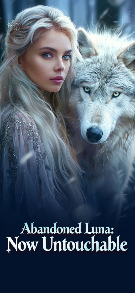 Cover art for the fantasy romance novel Abandoned Luna Now Untouchable featuring a woman with silver hair and a white wolf