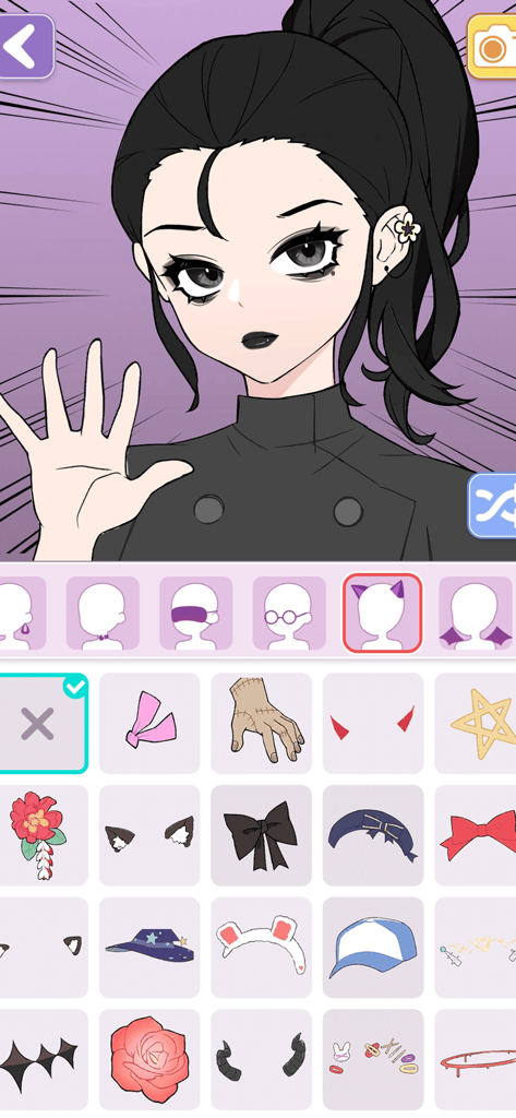 Pantalla de personalización de personaje de anime chica en Vlinder Avatar Maker mostrando varias opciones de accesorios y vestuario