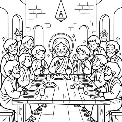 Journey back in time with this heartwarming Last Supper coloring page, specially designed for young artists. Kids can bring to life Jesus and his twelve apostles sharing this significant meal with their favorite colors.