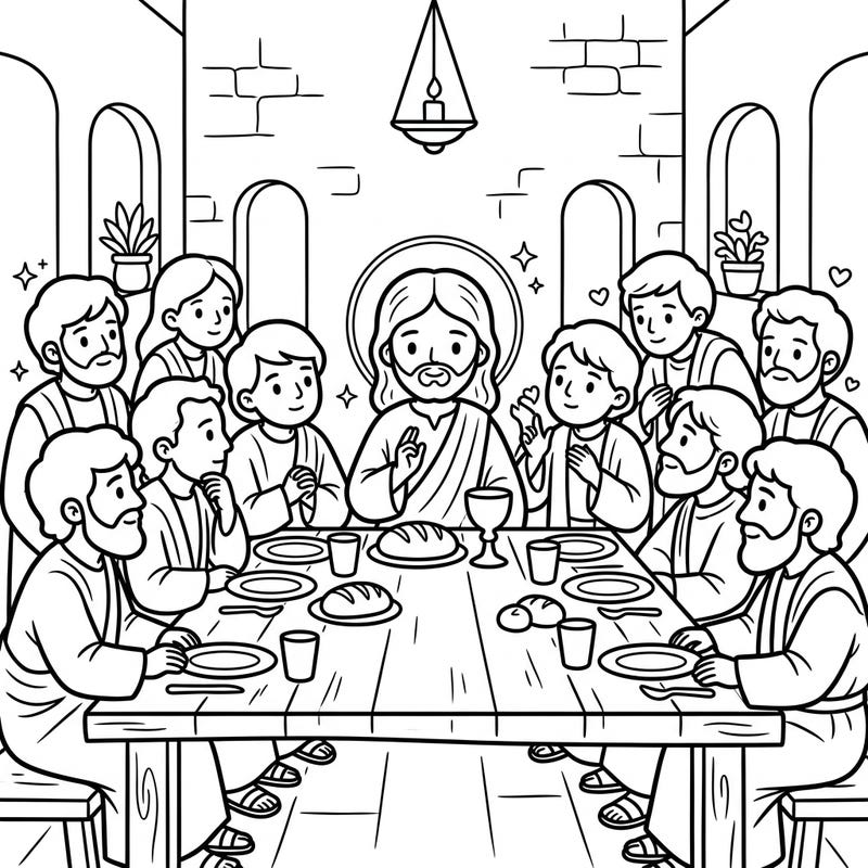 Journey back in time with this heartwarming Last Supper coloring page, specially designed for young artists. Kids can bring to life Jesus and his twelve apostles sharing this significant meal with their favorite colors.