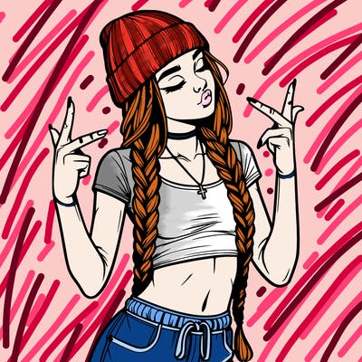 realistic teenage girl with braids and a beanie and crop top doing 🫶🏼