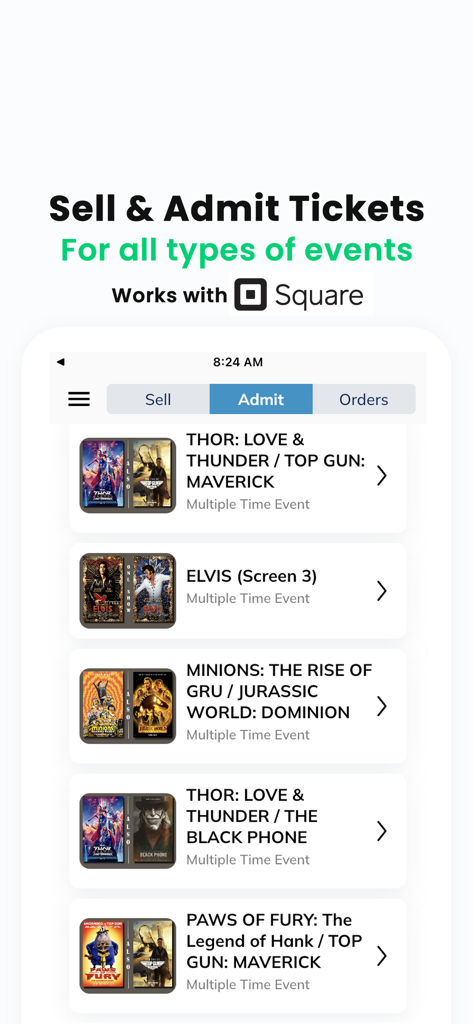 SimpleTix Organizer - SimpleTix Organizer App-Oberfläche zeigt Event-Ticketverkauf und Einlassverwaltung, integriert mit Square