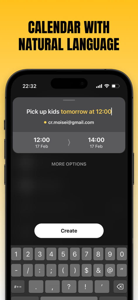 Evo - The Everything App - Evo app screen showing a calendar event being created with natural language input on an iPhone