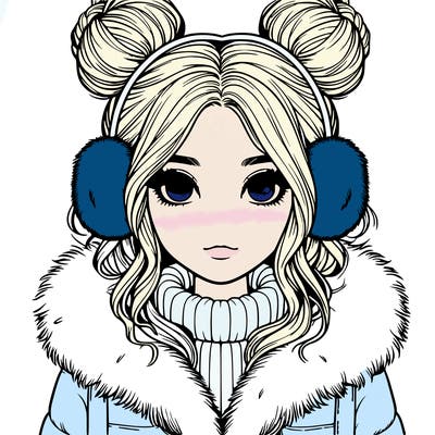 realistic girl with buns on her head wearing fur coat and earmuffs