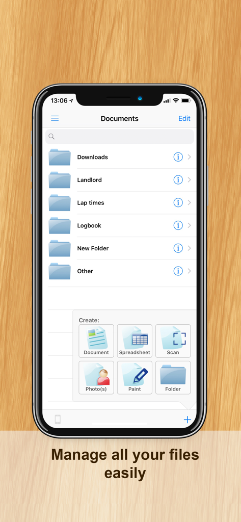 フォルダとドキュメント作成オプションが表示されたファイル管理インターフェイスを示すDocumentsアプリのiPhone画面